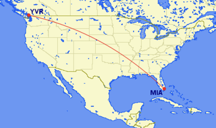 Route map of Air Canada's new route from Miami to Vancouver