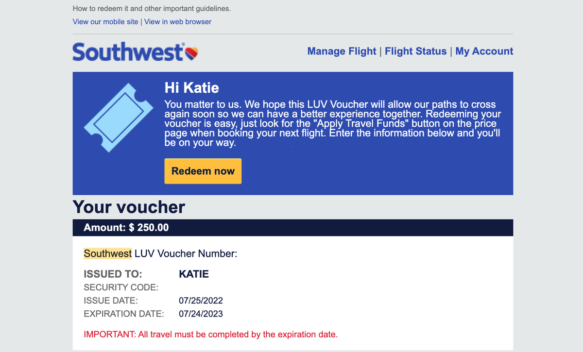 Southwest LUV Voucher email