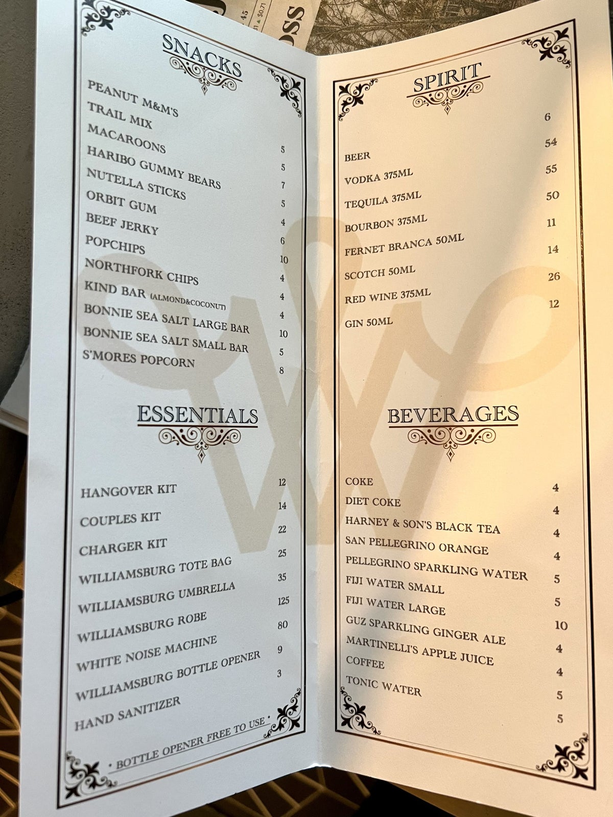 The Williamsburg Hotel bedroom minibar price list
