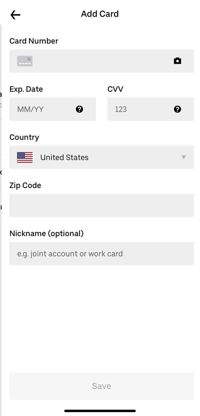 Uber Wallet add payment method details