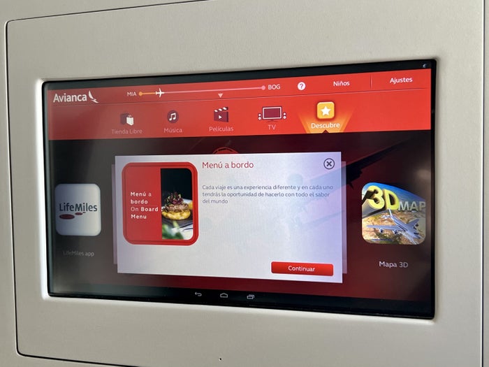 Avianca Boeing 787 Business Class menu