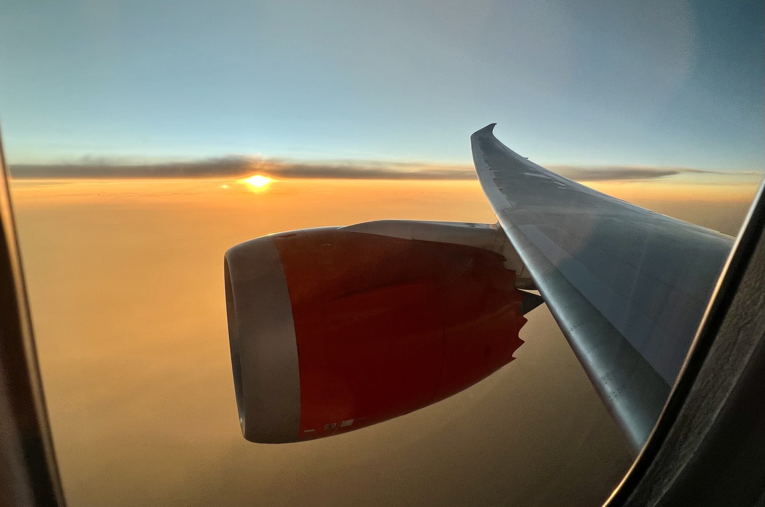 Avianca Boeing 787 Business Class wing view sunset