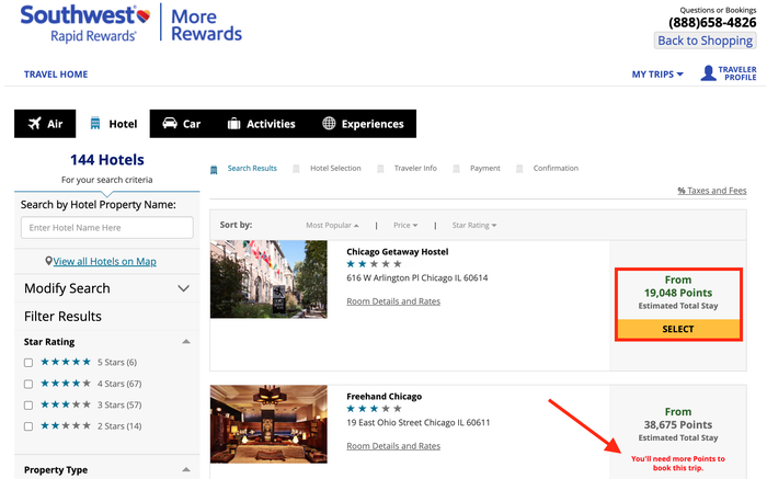 Booking a hotel through Southwest More Rewards