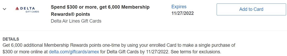Delta gift card Amex offer