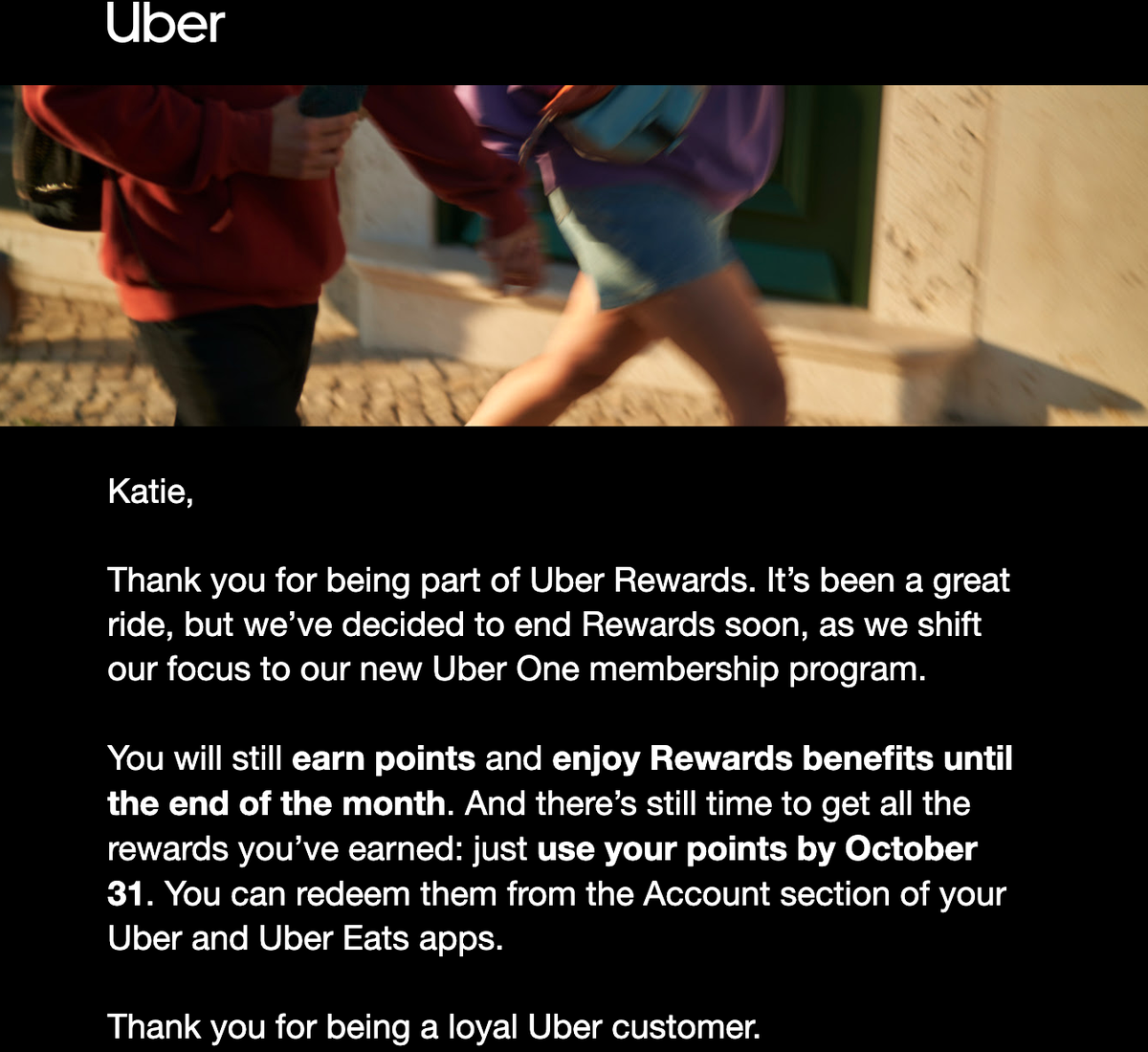 Email from Uber about Uber Rewards
