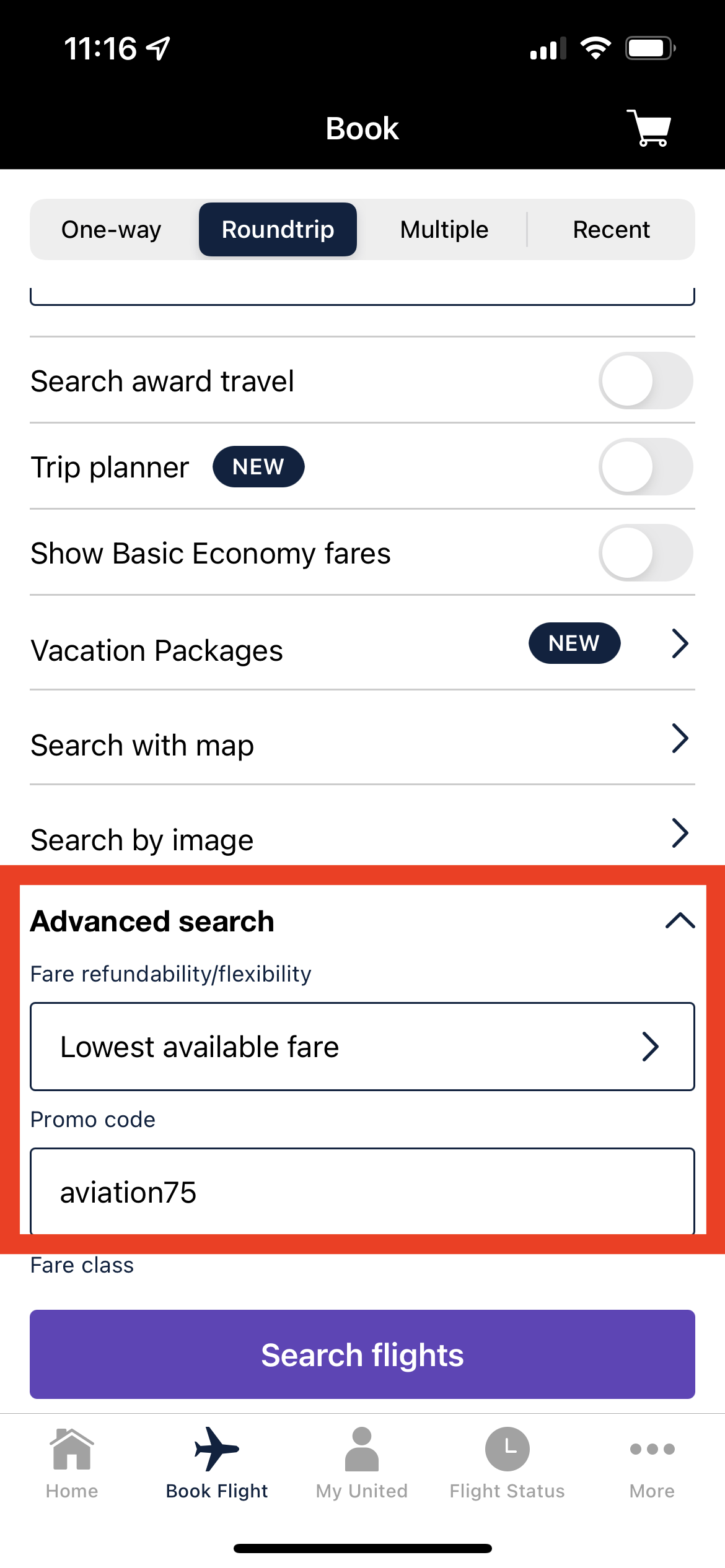How to use code aviation75 on the United mobile app