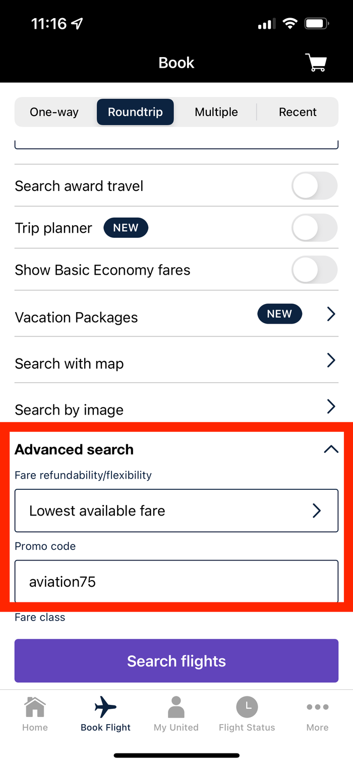 How to use code aviation75 on the United mobile app