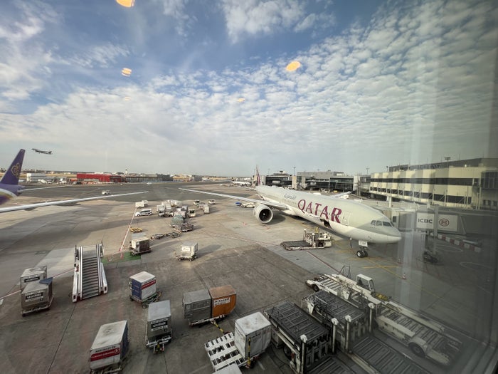 Qatar Airways plane view at the Lufthansa Senator lounge.