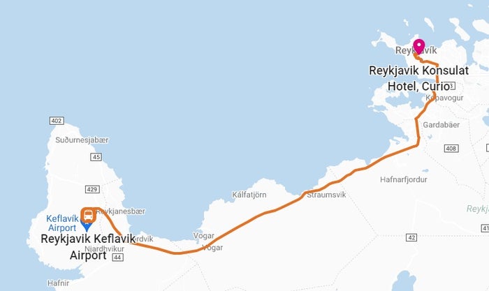 KEF airport to Reykjavik Map