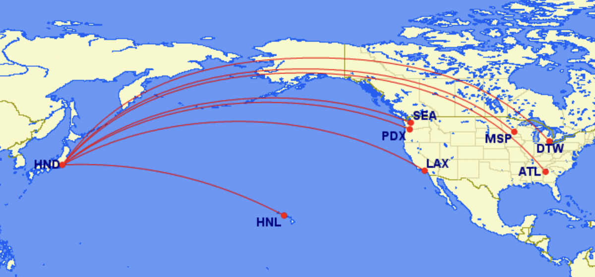Route map of Delta serivices to Tokyo Haneda HND from the U.S.