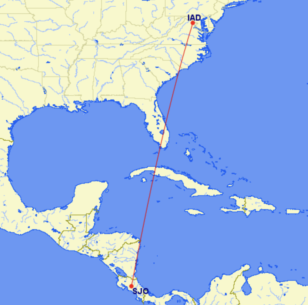 Route map of United's flight from IAD to SJO