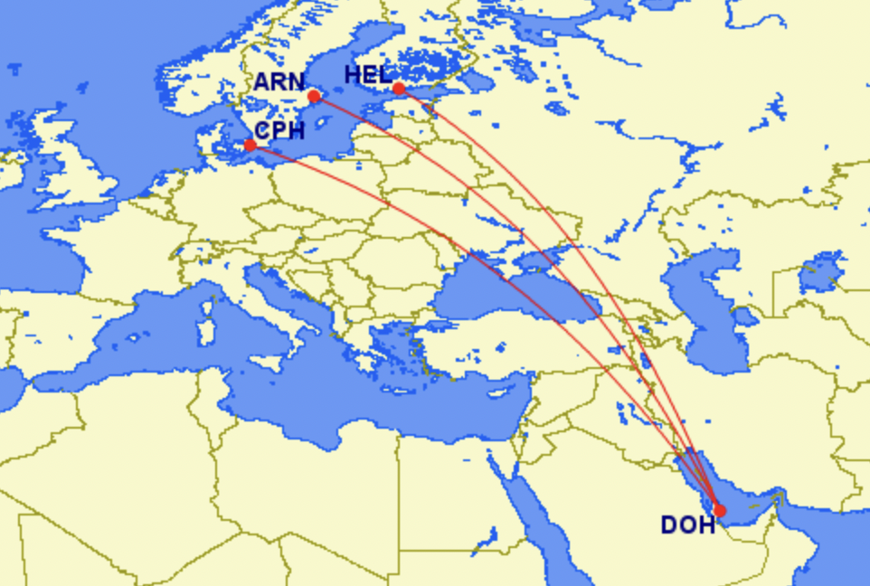 Routemap of Finnairs new nonstop services to Doha