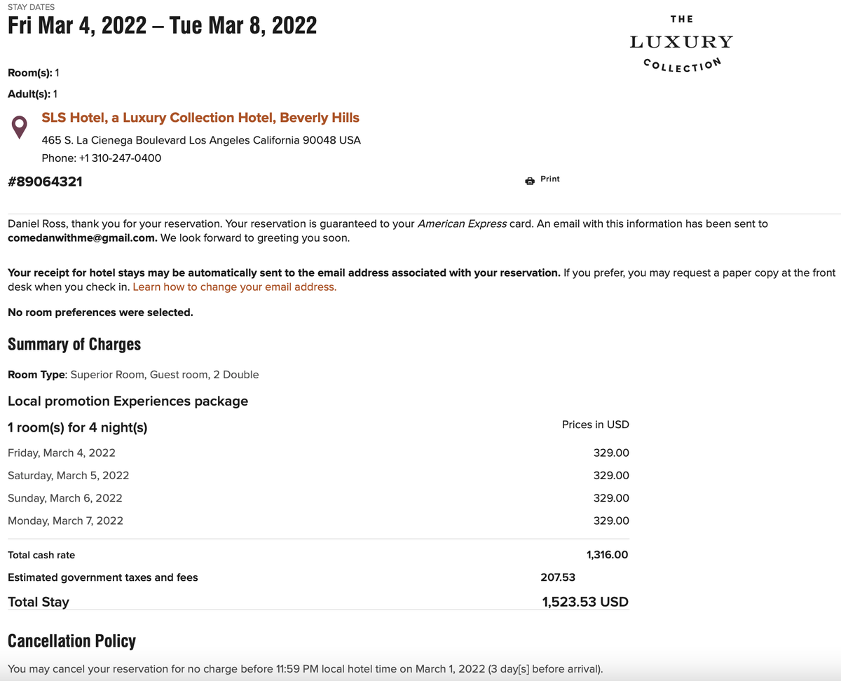 SLS Hotel, a Luxury Collection Hotel, Beverly Hills booking confirmation