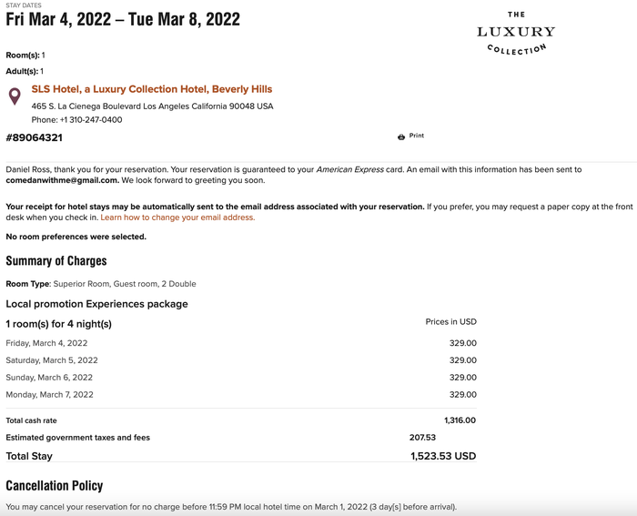 SLS Hotel, a Luxury Collection Hotel, Beverly Hills booking confirmation