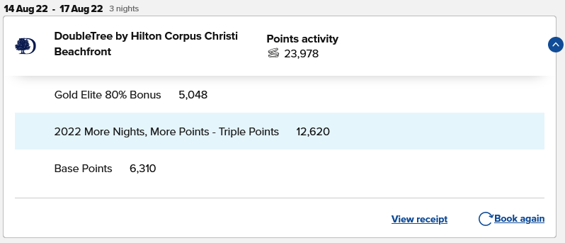 Points earning activity from DoubleTree Corpus stay