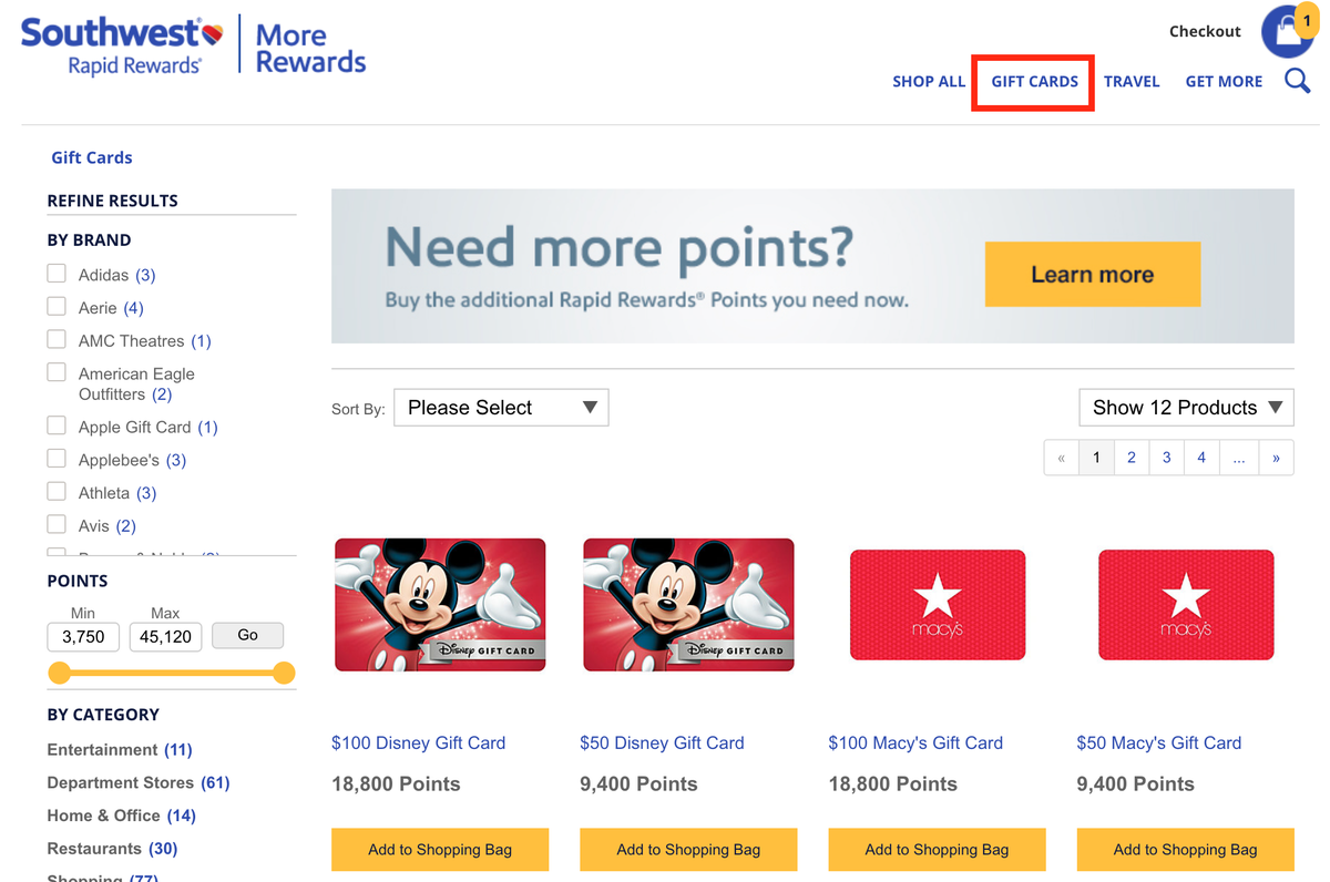 Southwest Rapid Rewards shopping for gift cards