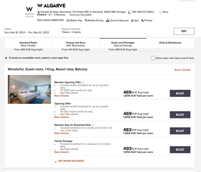 W Algarve booking Deals and Packages