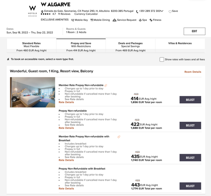 W Algarve booking Prepay and Save
