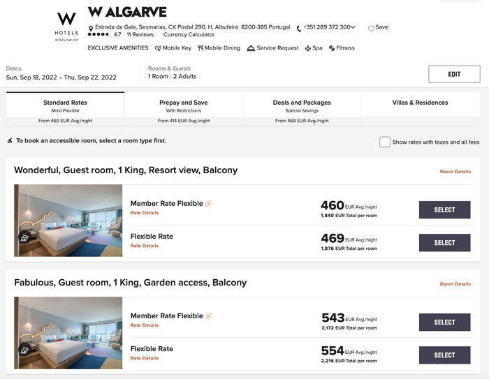 W Algarve booking standard rates