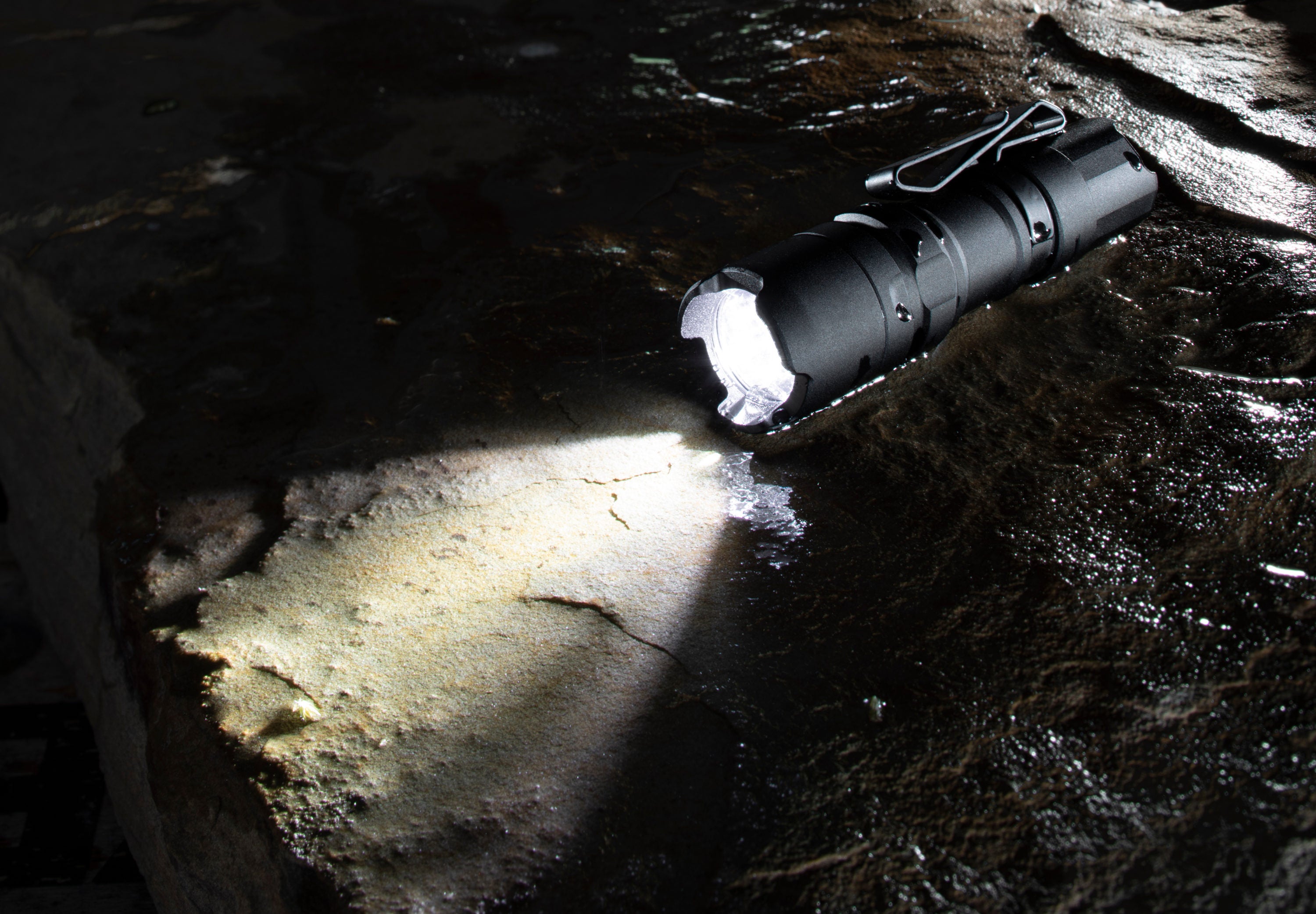 Waterproof flashlight on wet rock