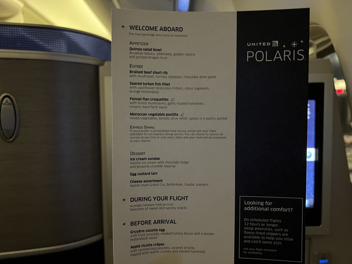 United Polaris business class menu