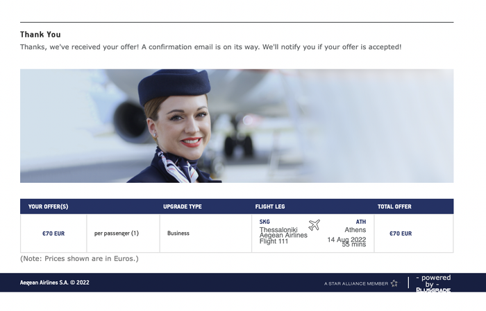Aegean upgrade bid confirmation