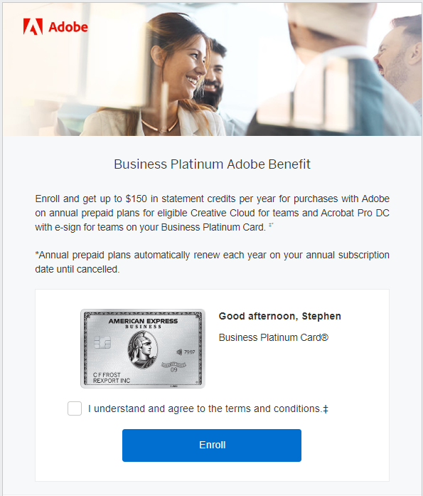 Amex Business Platinum card enroll Adobe benefit 