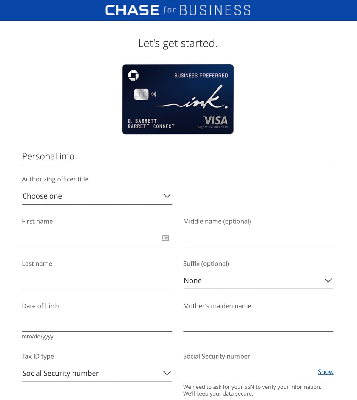 Chase Ink Application Page