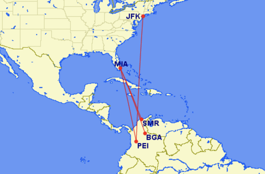 Map of Avianca's new routes between Colombia and the U.S.