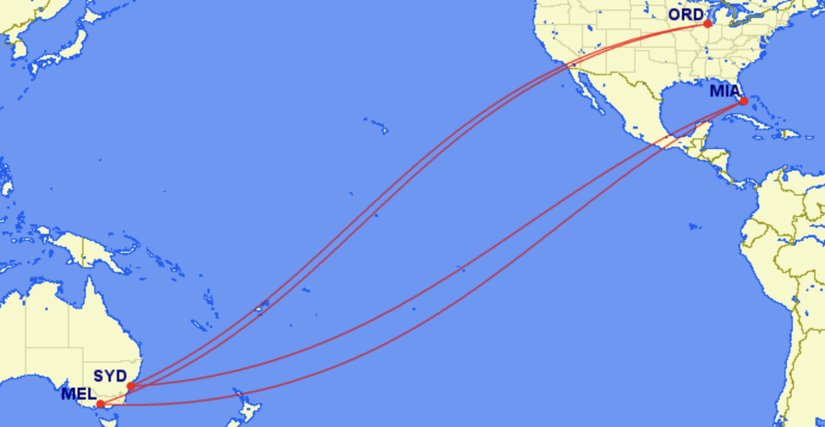 Map of Qantas' planned Project Sunrise routes to Chicago and Miami