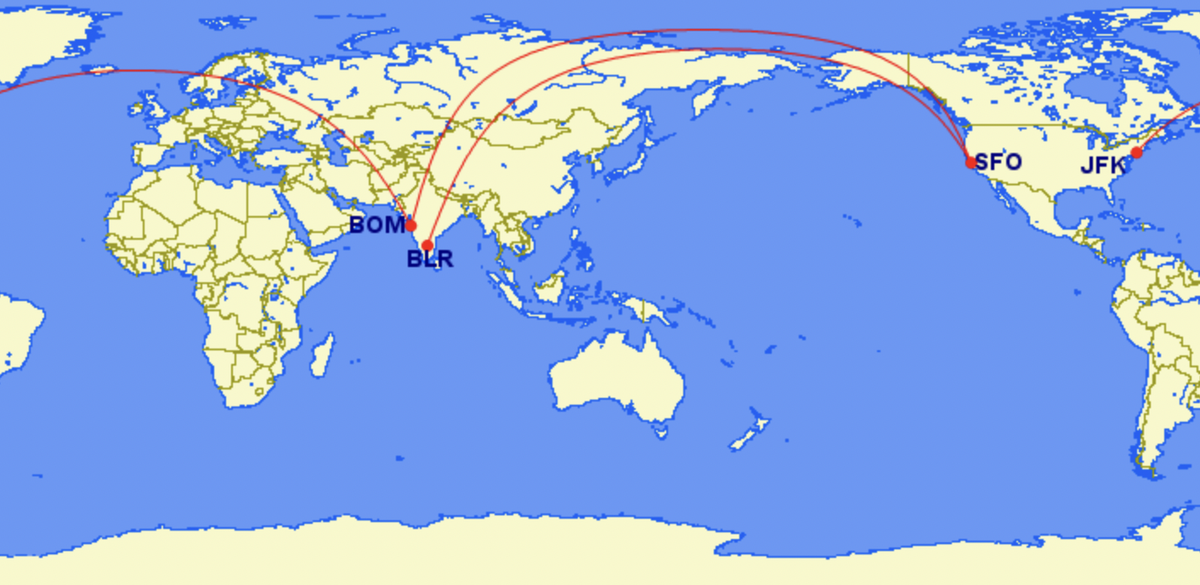 Map of new routes to the U.S. from India by Air India