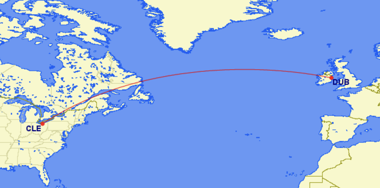 Map Of Nonstop Aer Lingus Service Between Dublin And Cleveland 