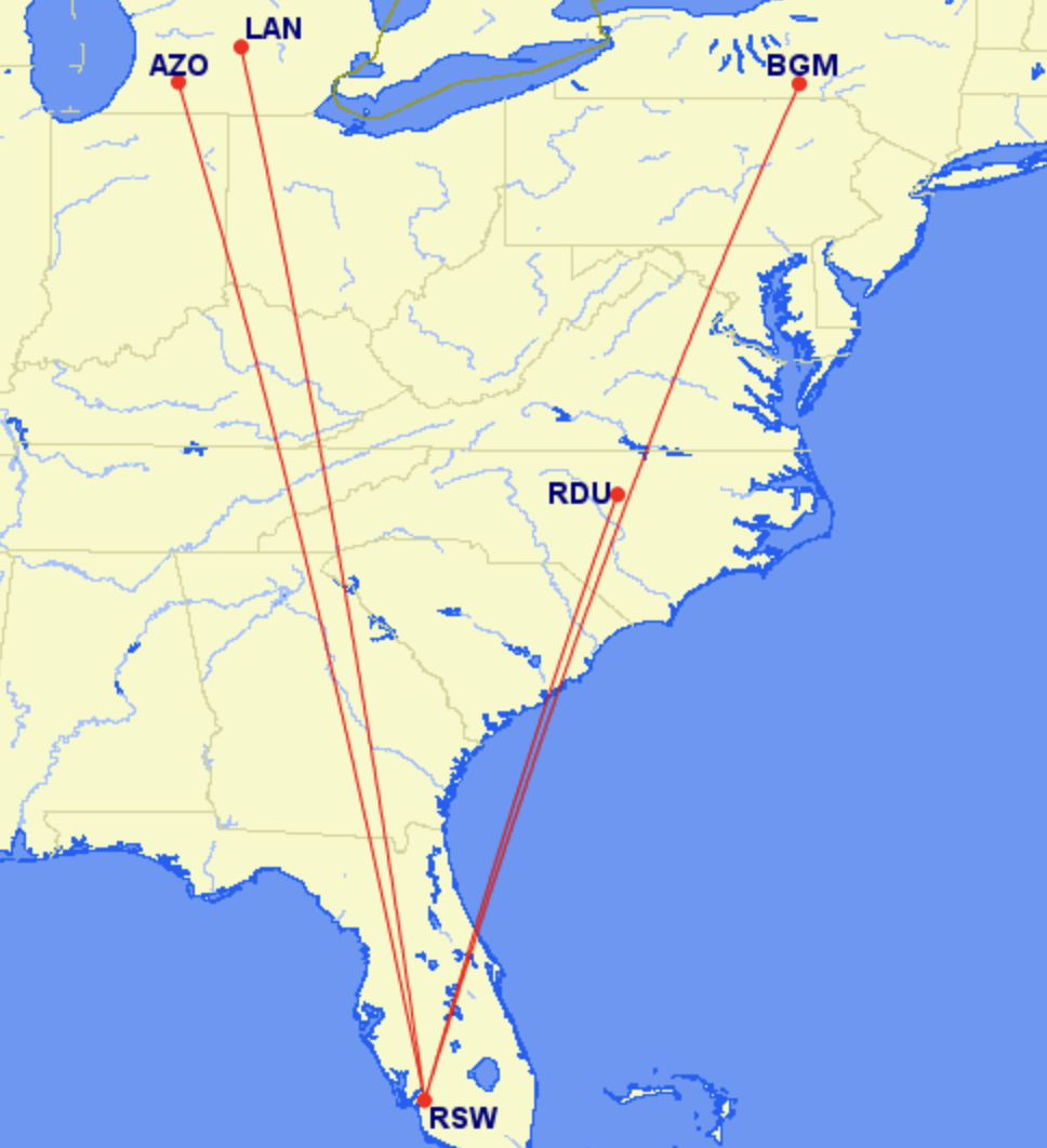 Route map of Avelo Airlines' routes from new base at Fort Myers