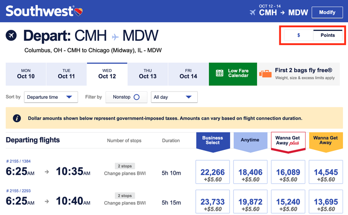Southwest flights in points or cash
