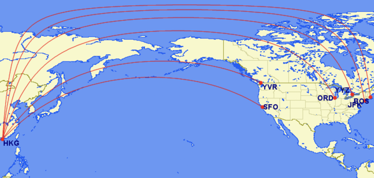 Cathay Pacific's routes from Hong Kong to North America.