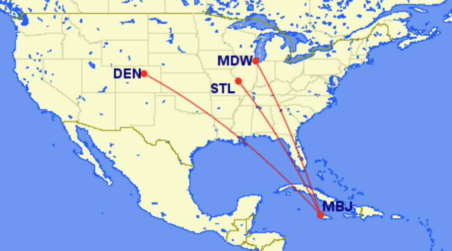 Map of Frontier Airline's new routes to Montego Bay Jamaica