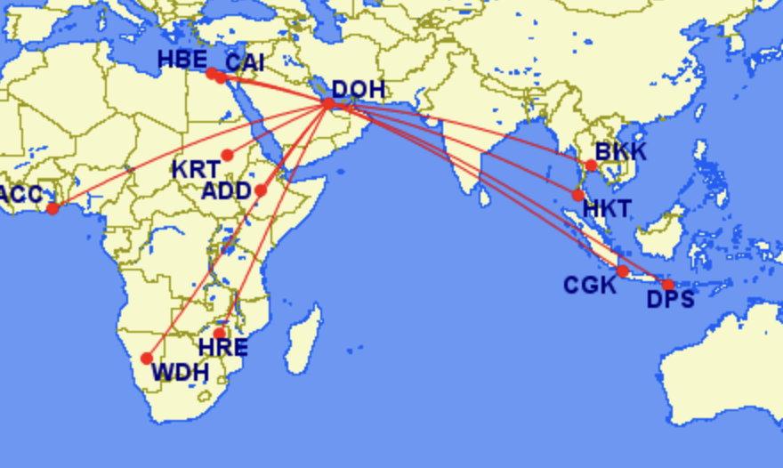 Map of JetBlue and Qatar's new wide spreading codeshare routes from Doha