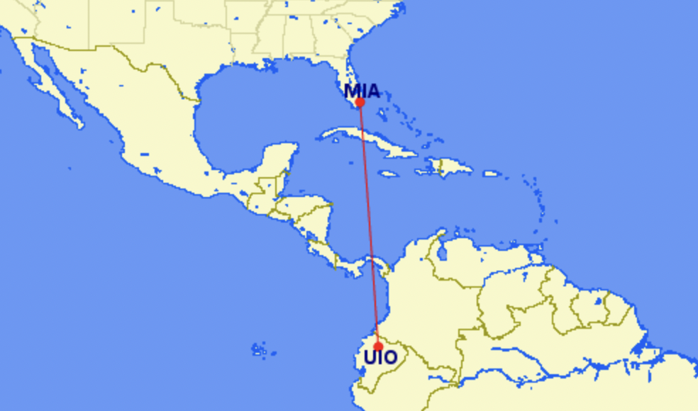 Map of LATAM's new service from Quito to Miami