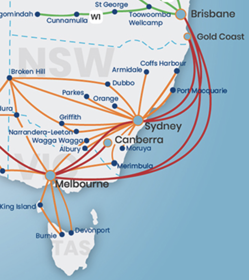 Map of Rex's domestic and regional routes from Sydney