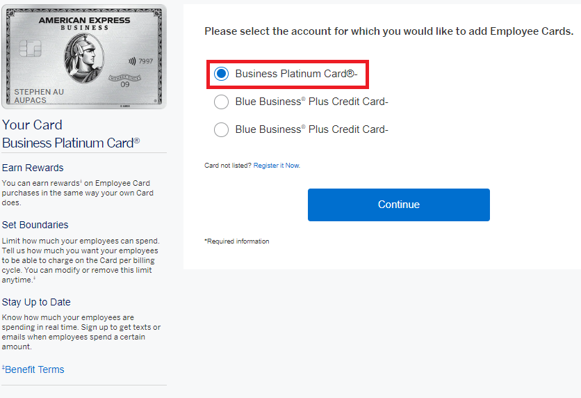Amex Business Platinum add employee card card selection 