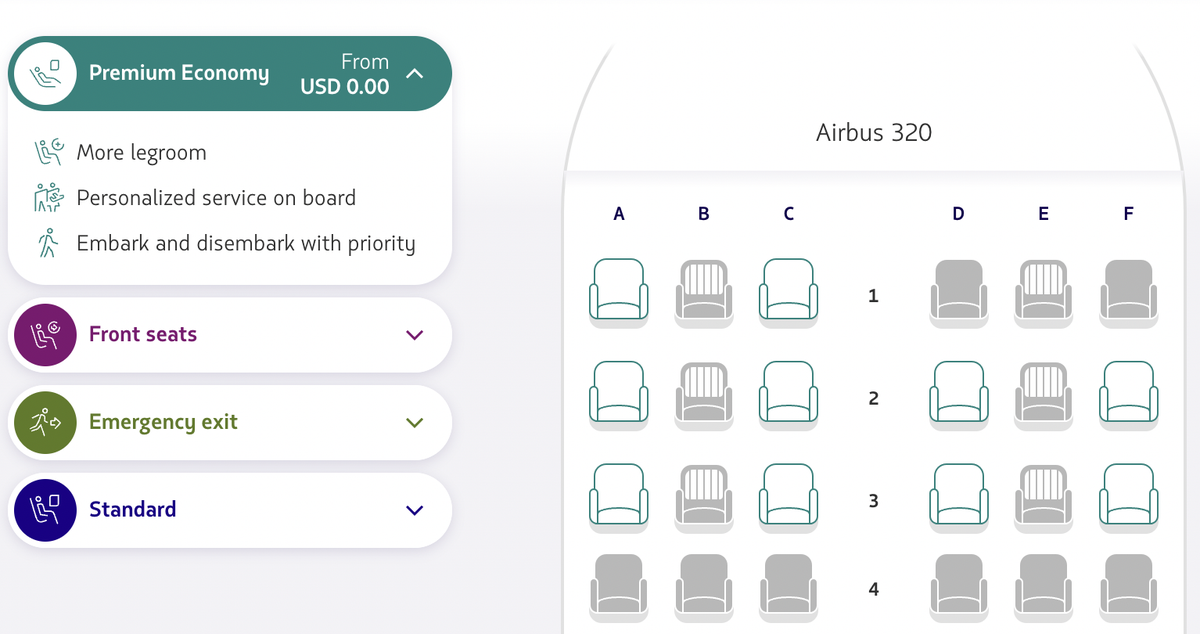 Seat map of LATAM's A320 with blocked middle seats in premium economy