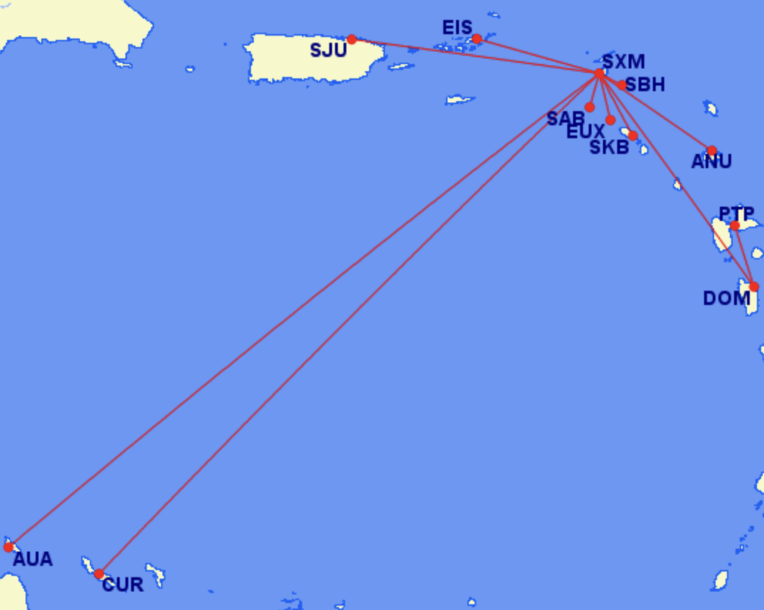 Map of WINAIRs route map in the Caribbean