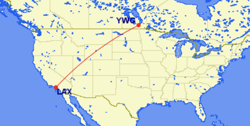 Map of WestJet's new route from Winnipeg to Los Angeles