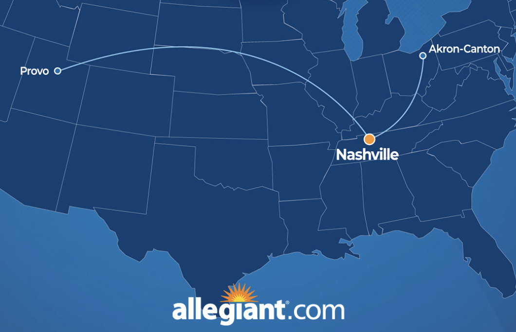 Map of new Allegiant routes from Nashville to Akron and Provo