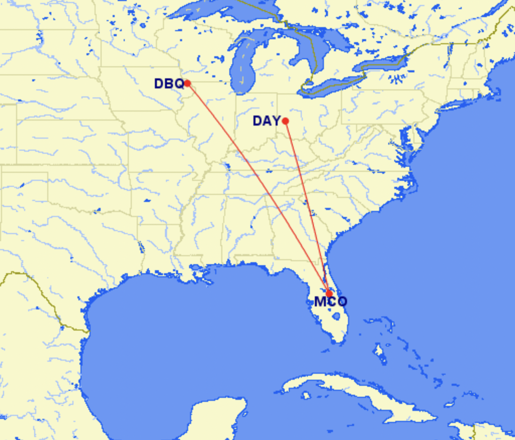 Map of new Avelo routes from Orlando to Dayton and Dubuque