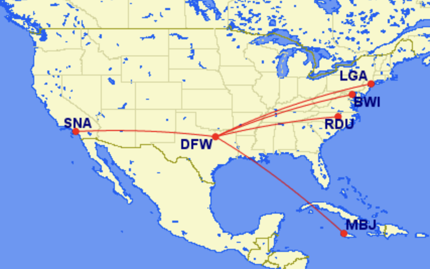 Map of new Frontier Airlines routes from Dallas DFW