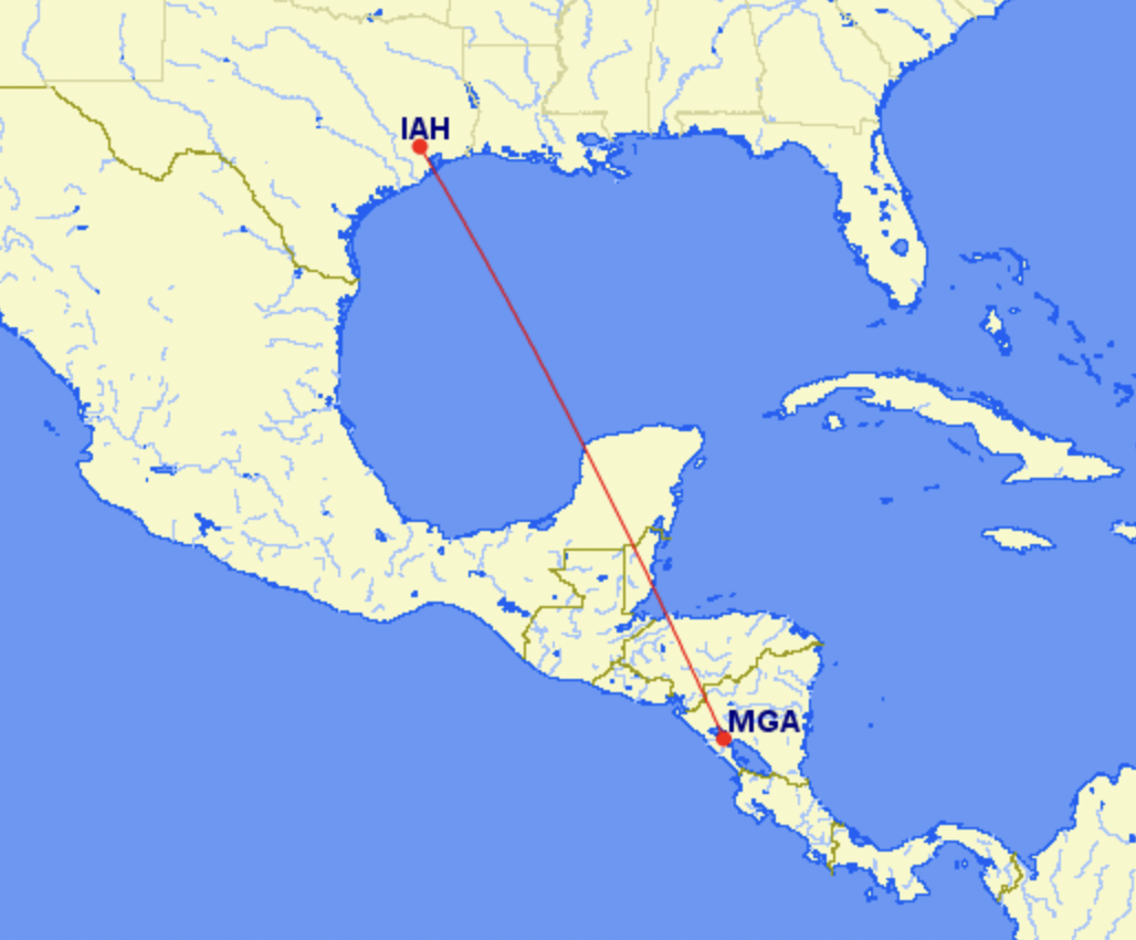 Map of the new United nonstop service from Houston to Managua Nicaragua
