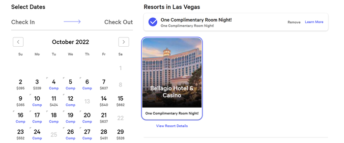 MyVegas MGM Comp Bellagio Free Night redemption