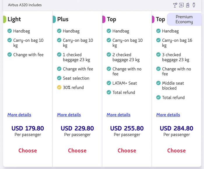 LATAM airlines bundled fare options
