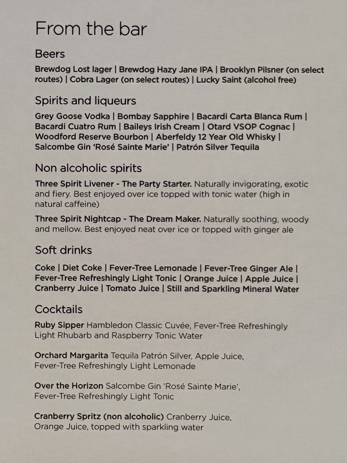 Virgin Atlantic A350 Upper Suite bar menu
